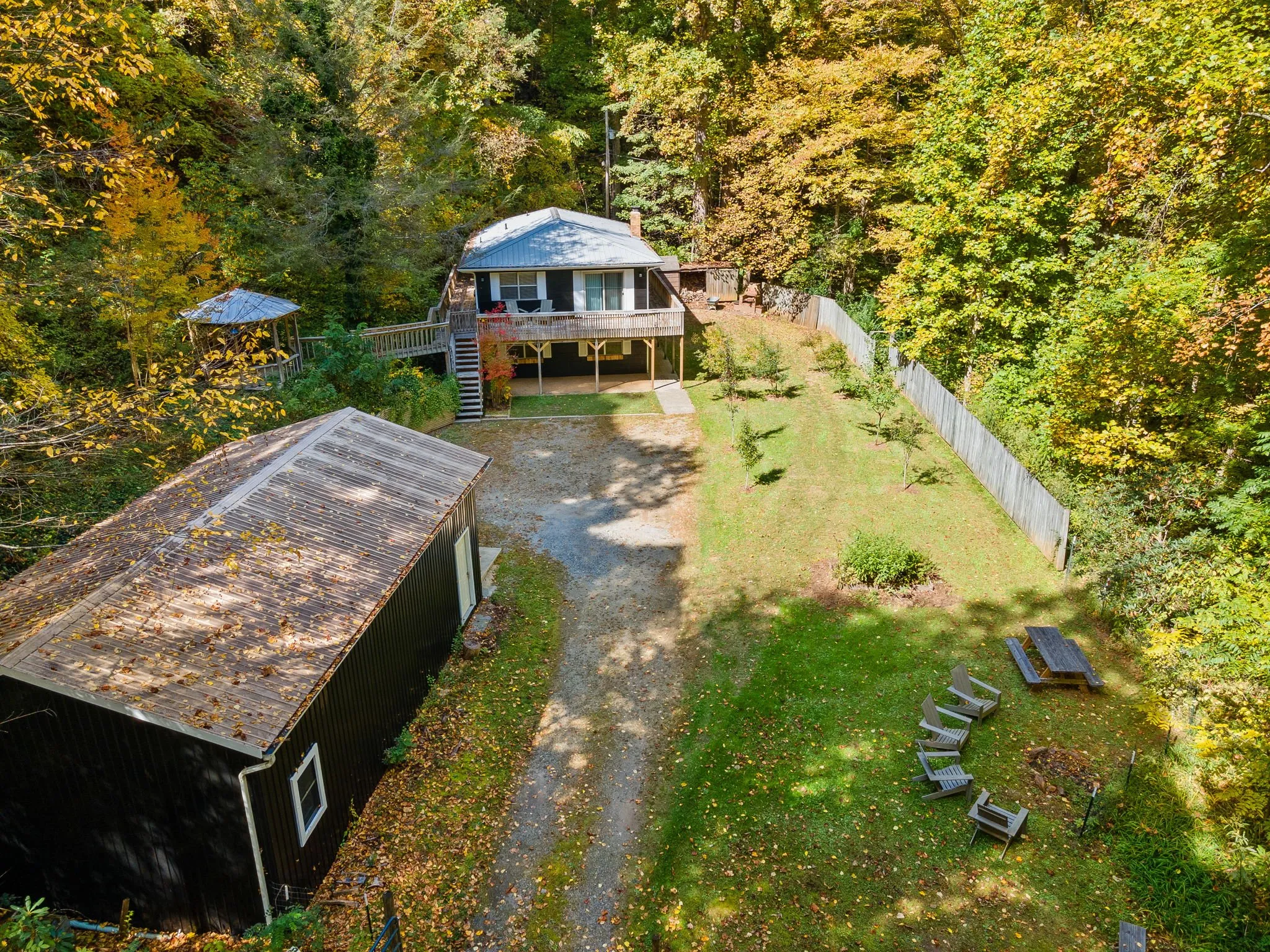 Aerial view of the Candler, NC property among autumn trees